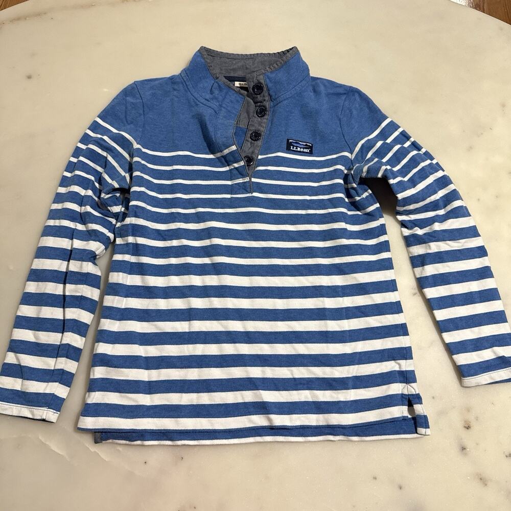 LL Bean Women’s S 100% Cotton Rugby Shirt Blue White Stripe Soft Pullover Preppy